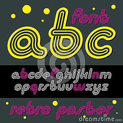 Vector retro lowercase English alphabet letters, abc collection. Cool disco cursive font, script from a to z can be used in poster Vector Illustration