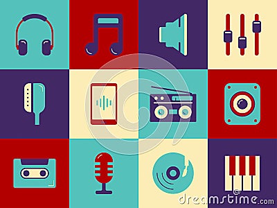 Vector retro music and sound icon set, pop art style Vector Illustration