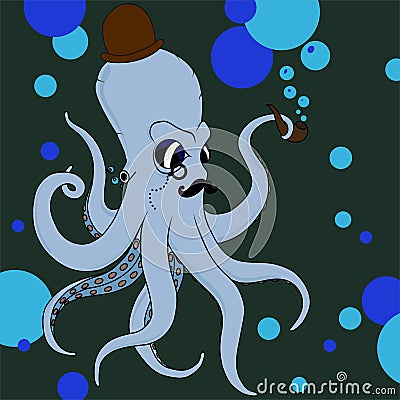 Retro octopus in hat, monocle and tube in blue color Stock Photo