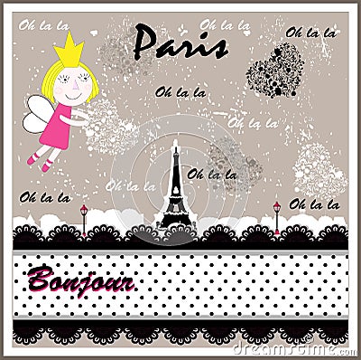 Vector Retro Paris. Girl Cartoon Illustration