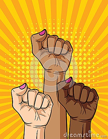 Vector retro pop art comic style illustration of woman`s fist different nationalities and skin color. Cartoon Illustration
