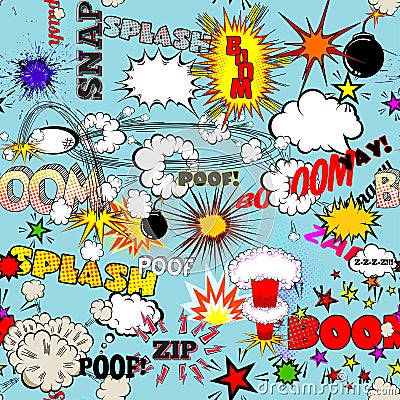 Vector Retro Seamless Pattern with Comic Speech Bubbles, Labels, Logos and Comic Book Words Vector Illustration