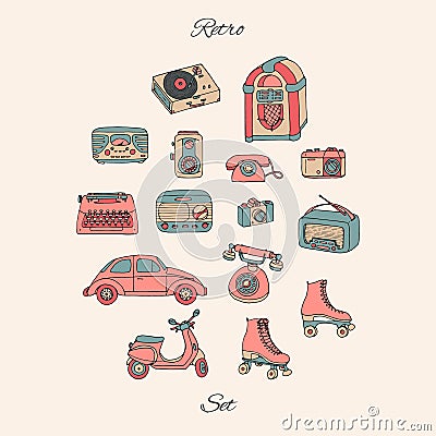 Vector retro set with antique tech, car, scooter, juke box, radio, typewriter, roller skates, cameras and vinyl record player. Ha Vector Illustration