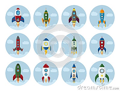 Vector retro space rocket ship icon set in a flat style. Design elements for background with project start up and Vector Illustration