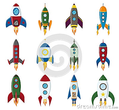Vector retro space rocket ship icon set in a flat style. Design elements for background with project start up and Vector Illustration