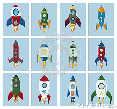 Vector retro space rocket ship icon set in a flat style. Design elements for background with project start up and Vector Illustration