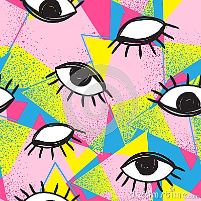 Vector retro style futuristic seamless pattern. Vintage colorful background. All seeing eye symbol. Eighties fashion illustration. Vector Illustration