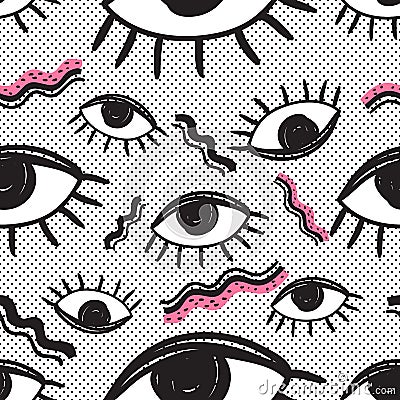 Vector retro style futuristic seamless pattern. Vintage colorful background. All seeing eye symbol. Eighties fashion illustration. Vector Illustration