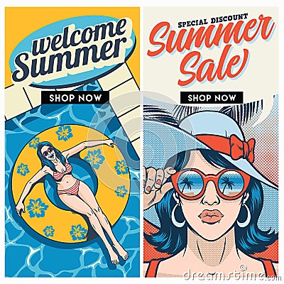 Retro summer sale brochure design set Vector Illustration