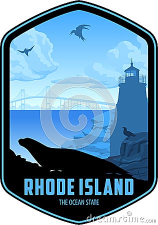 Vector Rhode Island vector label with Harbor seal and seagulls near lighthouse Vector Illustration