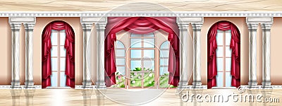 Vector rich palace interior, castle room background, luxury ballroom, marble floor, stone columns, arch. Vector Illustration