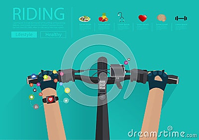 Vector riding a bike with wearing a smartwatch heart rate Vector Illustration