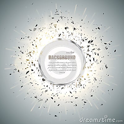 Vector ring background. Metal chrome shine round frame with spark light effect and big explosion. Stock Photo