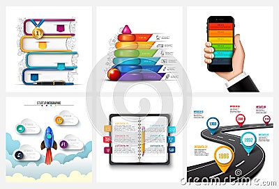 Vector road, children pyramid, mobile phone, rocket, books and notebook. Education, startup, timeline and business Vector Illustration