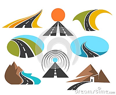 Vector road colored emblems isolated on white background for logo design. Transport highway or pathway symbols Vector Illustration