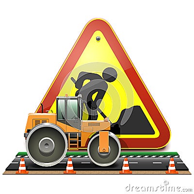 Vector Road Construction Concept with Compactor Vector Illustration