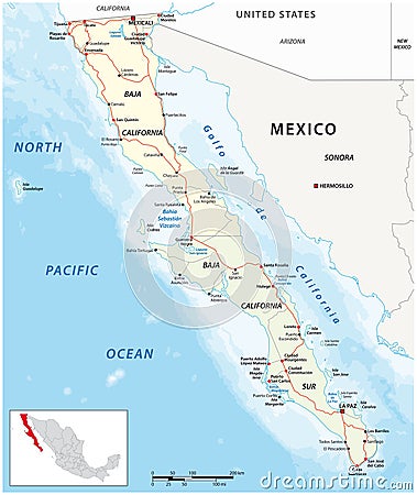 Vector road map of the mexican states of Baja California and Baja California South Vector Illustration