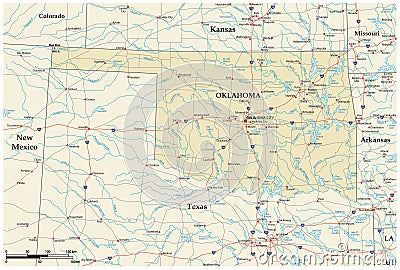 Vector road map of the US state of Oklahoma Vector Illustration
