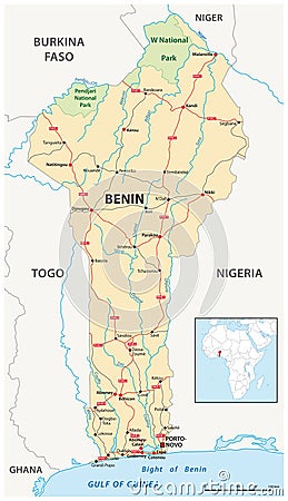 Vector road map of the West African state of Benin Vector Illustration