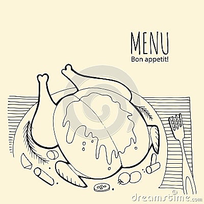 Vector roasted whole chicken. Engraved food illustration. Vector Illustration