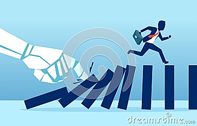 Vector of a robot hand pushing dominoes while businessman runing away from falling effect Stock Photo