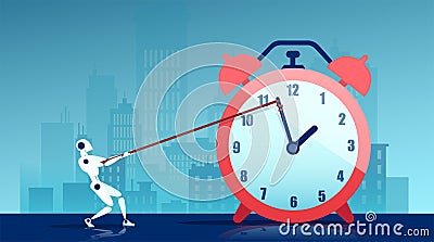 Vector of a robot pulling clock arrow saving time spent on project Stock Photo