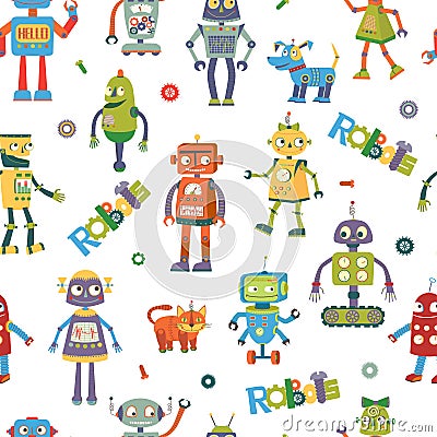 Vector robots. Cartoon seamless pattern Stock Photo