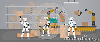 Robots work in a manufacturing warehouse. Robots carry boxes and lift the load. Futuristic concept of delivery Vector Illustration