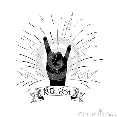 Vector Rock Fest Illustration, Logo Template, Vintage Banner and Hand, Retro Style. Vector Illustration