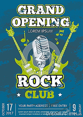 Vector rock music club poster with music guitars and microphone Vector Illustration