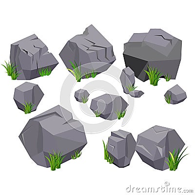 Vector rock stone and grass set variety shape for cartoon. Stones and rocks in isometric 3d flat style. Set of different boulders Vector Illustration