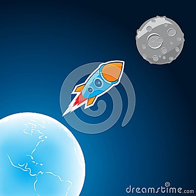 Vector rocket that flies from earth to the moon. Flat style Stock Photo