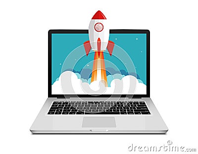 Vector rocket launch website computer concept illustration. Business start rocket launch Vector Illustration