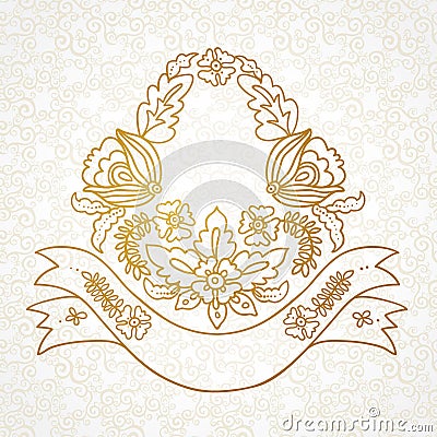 Vector romantic coat of arms with flowers, ribbons, leaves. Vector Illustration