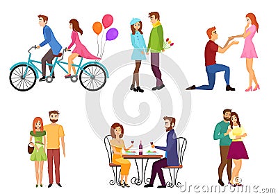 Vector Romantic dating couples flat characters set with young lovers. People kissing, walking, giving presents Vector Illustration