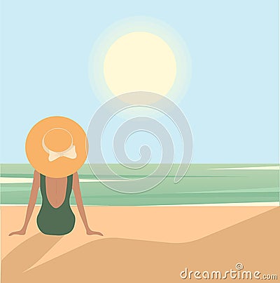 Vector romantic girl in green swimsuit Stock Photo