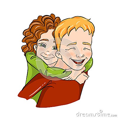 Vector romantic illustration - girl and boy piggybacking and hugging - for love confession, Valentine`s day greeting card, holida Cartoon Illustration