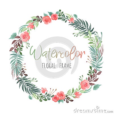 Vector romantic round floral frame with plants and flowers in watercolor style isolated on white background - great for invitation Vector Illustration
