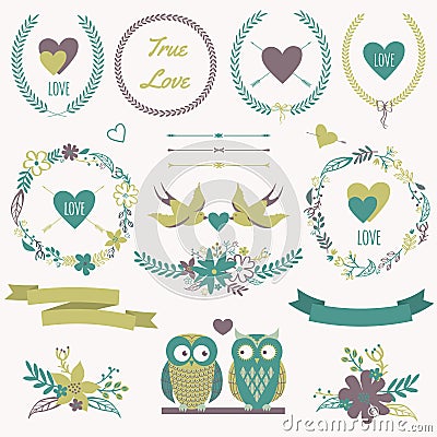 Vector romantic set with bouquets, birds, hearts, arrows, ribbon Vector Illustration