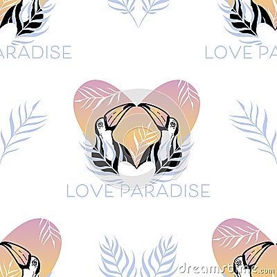 Vector Romantic Toucans with Warm Sunset Heart seamless pattern background. Perfect for fabric, wallpaper and Vector Illustration