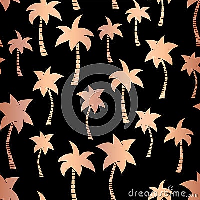 Vector rose gold foil palm trees on black summer seamless pattern background. Metallic copper foil palm trees. Elegant luxurious Vector Illustration