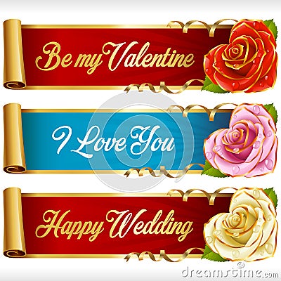 Vector Rose Hearts and Swirl Ribbons horizontal Banners set Vector Illustration