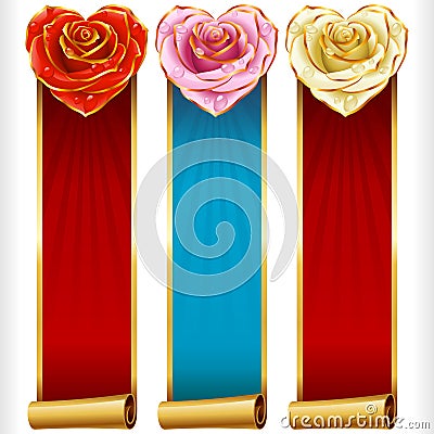 Vector Rose Hearts and Swirl Ribbons vertical Banners set Vector Illustration