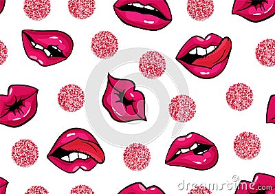 Vector rose, natural womans lips seamless pattern. Lips expressing emotions: smile, kiss, biting lip, licking. Polka dot Stock Photo