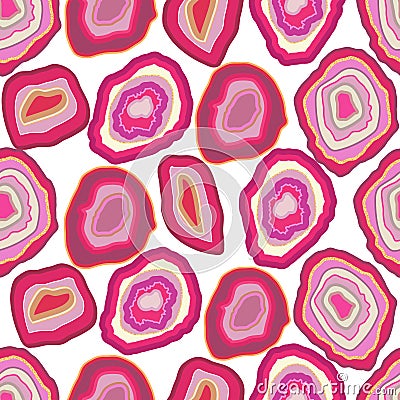 Vector rose pink agate crystal seamless pattern on white. A slice of geode stone minerals or thunder egg. Vector Illustration