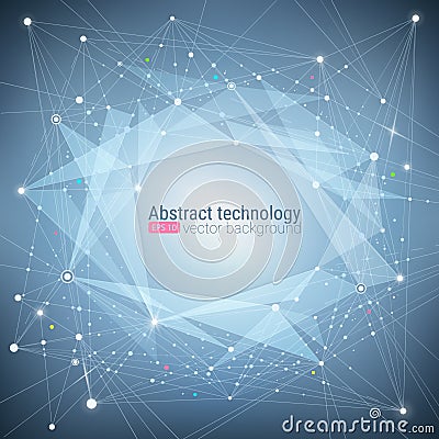 Abstract blue technology turquoise background. Chaotic motion. Node molecule structure. Science and connection concept. Ve Vector Illustration