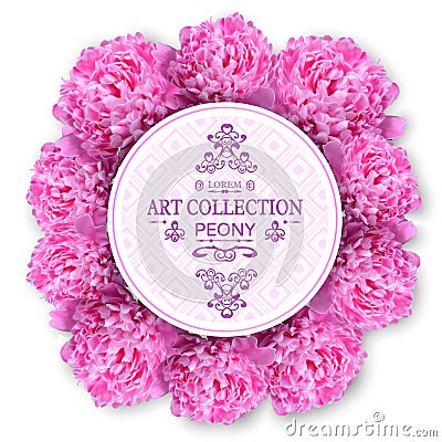 Vector round banner with realistic flowers. Floral 3d wreath Vector Illustration