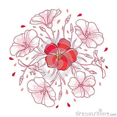 Vector round bouquet with outline Flax plant or Linseed or Linum flower, bud and leaf in pastel red and pink isolated on white. Vector Illustration