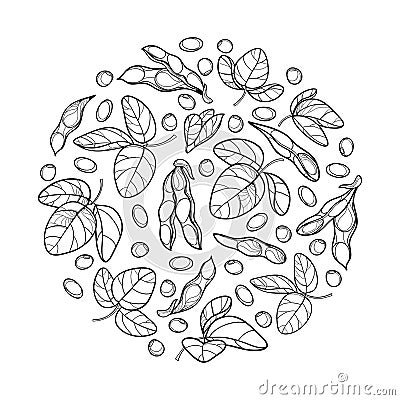 Vector round bunch with outline Soybean or Soy bean pod with beans and ornate leaf in black isolated on white background. Vector Illustration