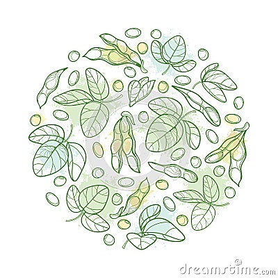 Vector round bunch with outline Soybean or Soy bean pod with beans and ornate leaf in pastel green isolated on white background. Vector Illustration